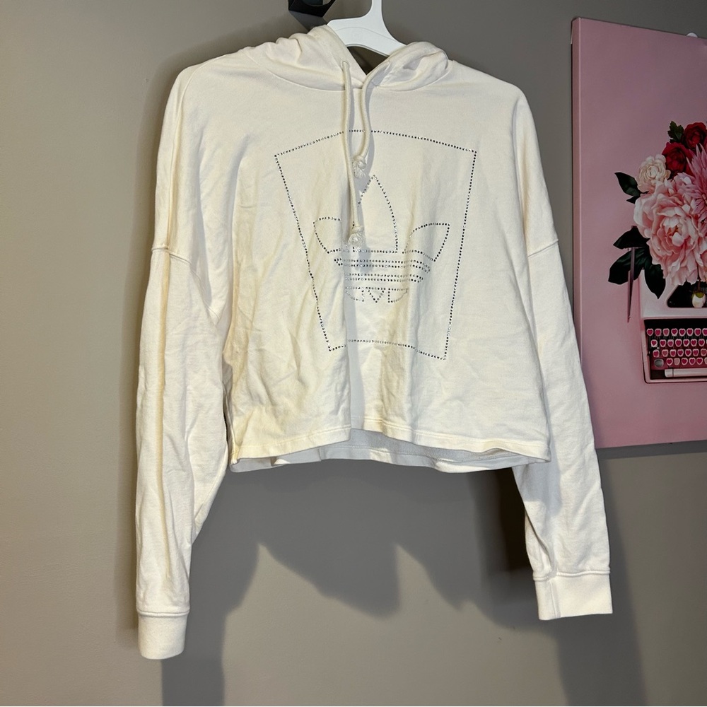 Adidas Original Women's Off-White cropped Hoodie with rhinestones logo size M - Picture 8 of 8